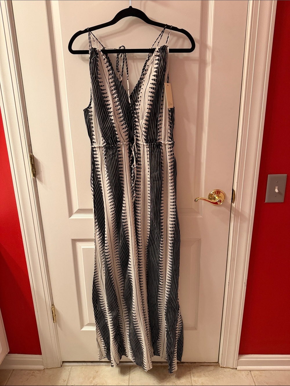 Elan Black and White Striped V-Neck Maxi Dress